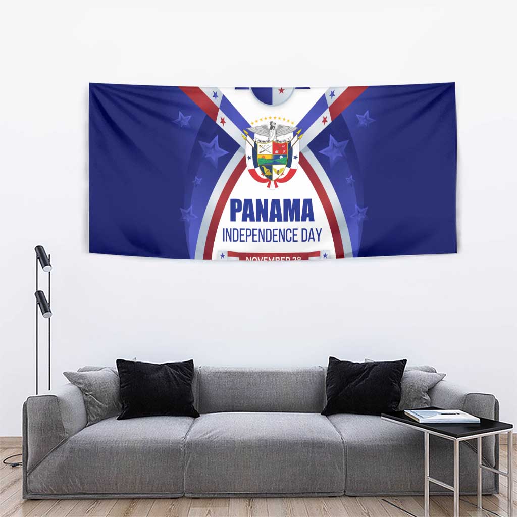 Panama Independence Day Tapestry with National Coat of Arms and Red Blue Star Design - Wonder Print Shop