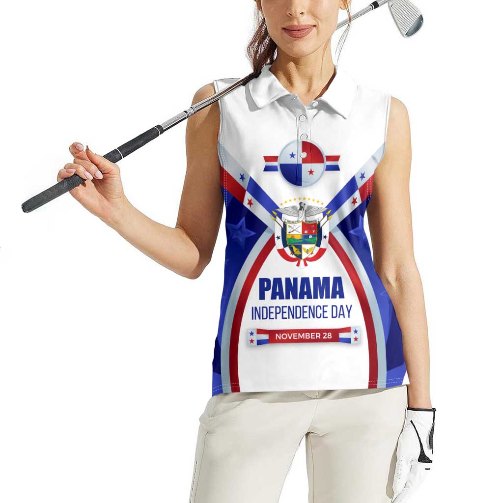 Panama Independence Day Women Sleeveless Polo Shirt with National Coat of Arms and Red Blue Star Design - Wonder Print Shop