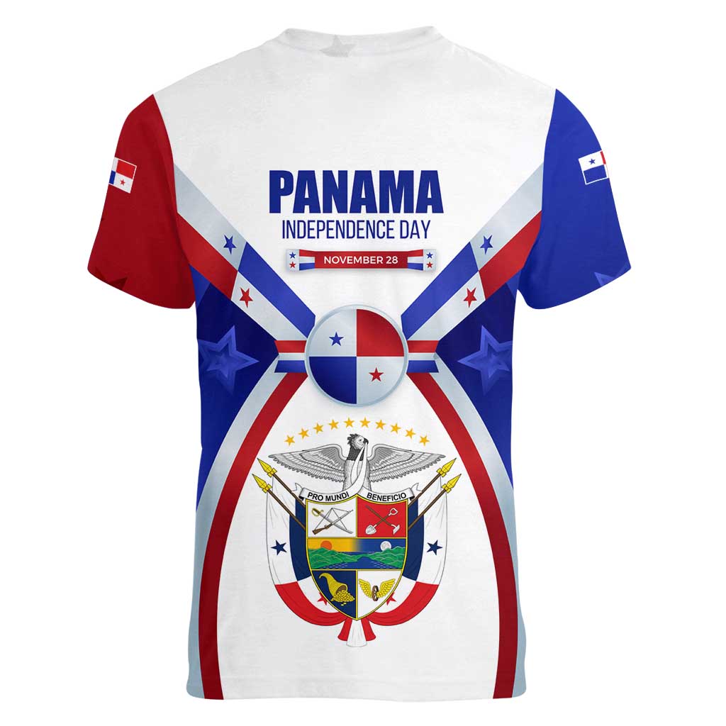 Panama Independence Day Women V-Neck T-Shirt with National Coat of Arms and Red Blue Star Design - Wonder Print Shop