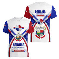 Panama Independence Day Women V-Neck T-Shirt with National Coat of Arms and Red Blue Star Design - Wonder Print Shop