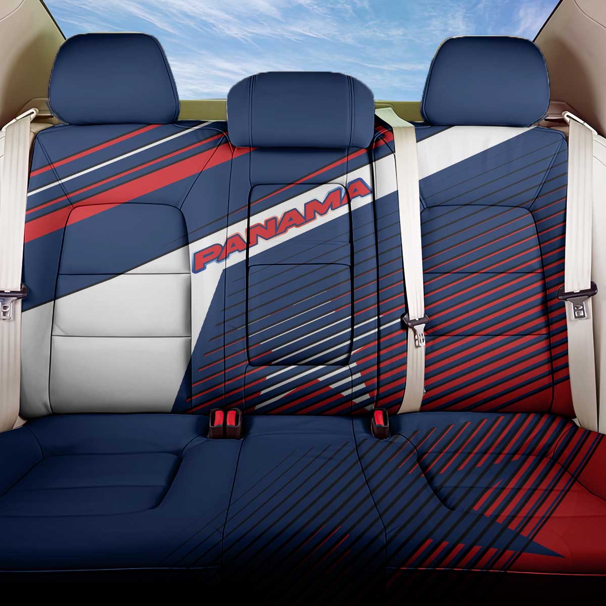 Panama Diagonal Stripe Design Back Car Seat Cover with Bold Red Blue Star and Flag Accents - Wonder Print Shop