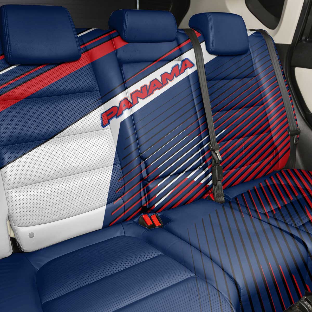 Panama Diagonal Stripe Design Back Car Seat Cover with Bold Red Blue Star and Flag Accents - Wonder Print Shop