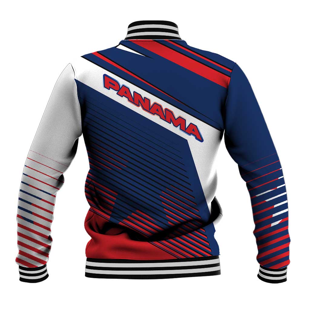 Panama Diagonal Stripe Design Baseball Jacket with Bold Red Blue Star and Flag Accents - Wonder Print Shop
