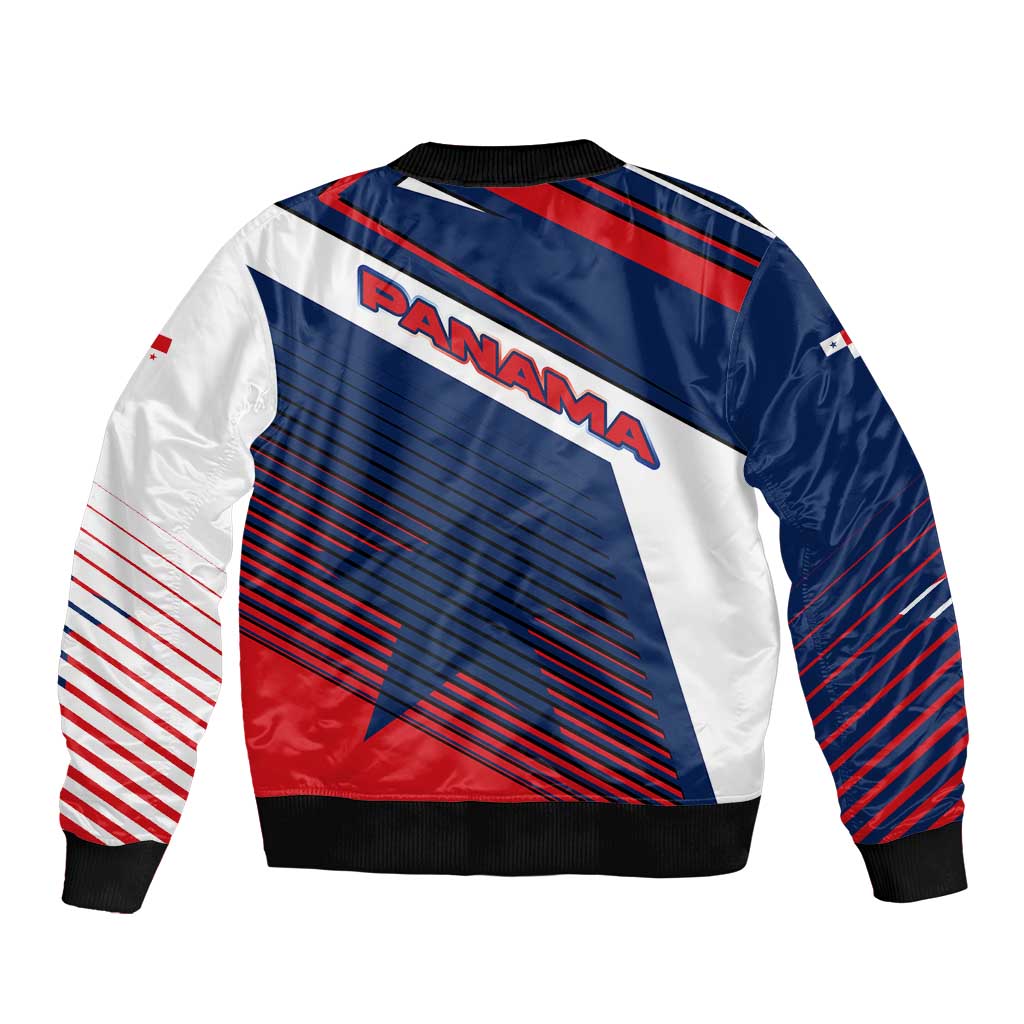 Panama Diagonal Stripe Design Bomber Jacket with Bold Red Blue Star and Flag Accents - Wonder Print Shop