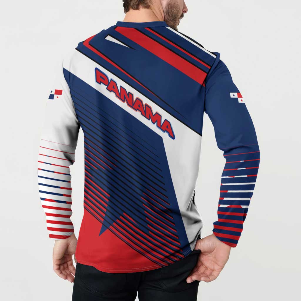 Panama Diagonal Stripe Design Button Sweatshirt with Bold Red Blue Star and Flag Accents - Wonder Print Shop