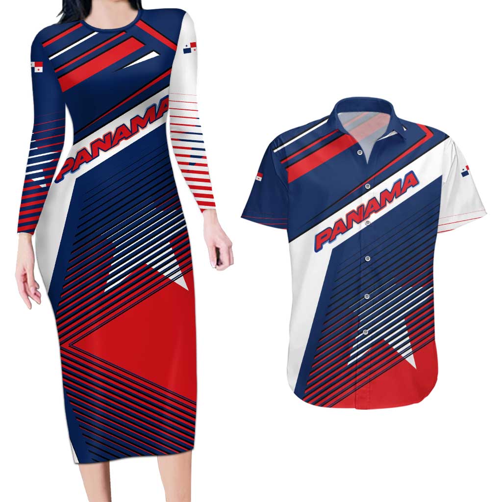 Panama Diagonal Stripe Design Couples Matching Long Sleeve Bodycon Dress and Hawaiian Shirt with Bold Red Blue Star and Flag Accents - Wonder Print Shop