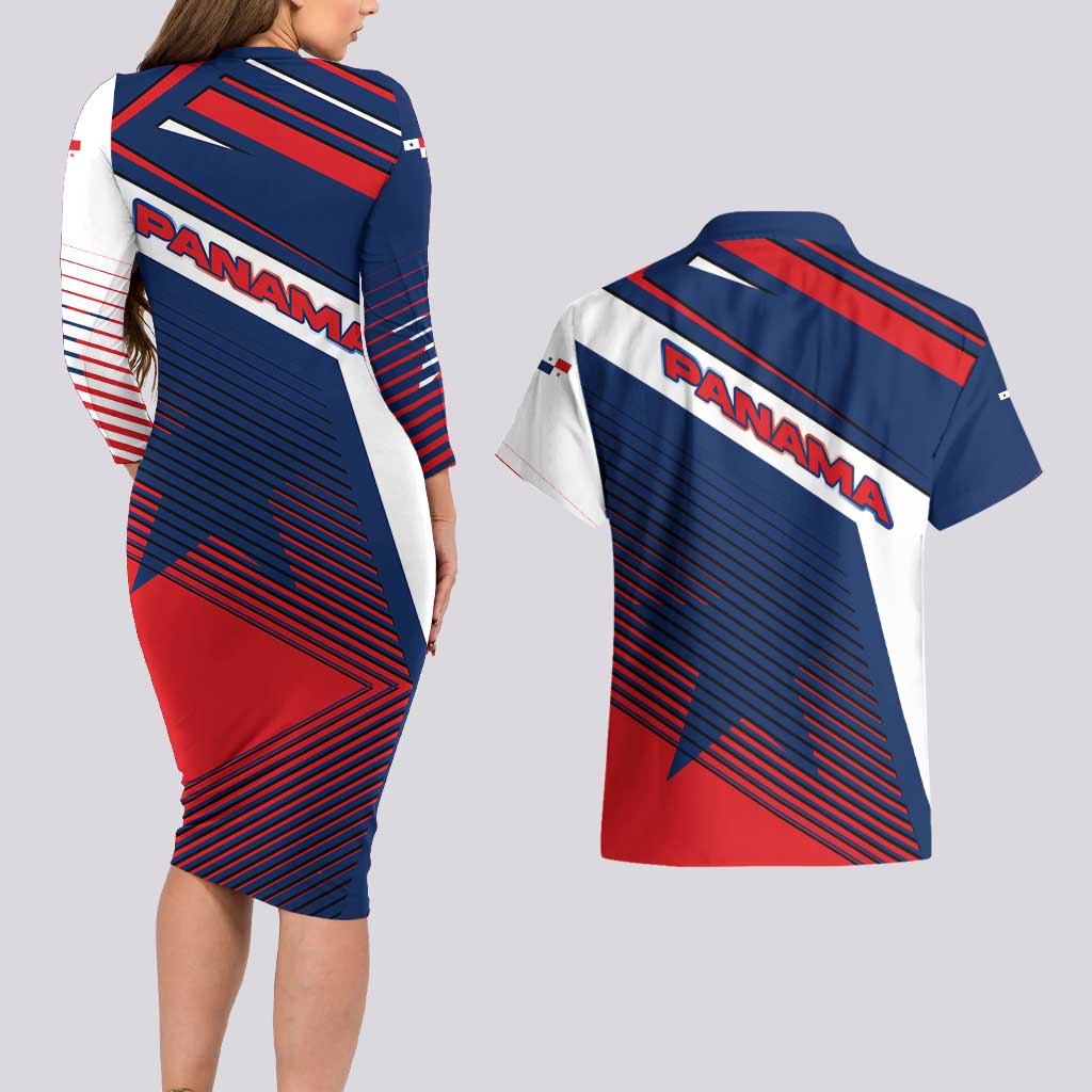 Panama Diagonal Stripe Design Couples Matching Long Sleeve Bodycon Dress and Hawaiian Shirt with Bold Red Blue Star and Flag Accents - Wonder Print Shop