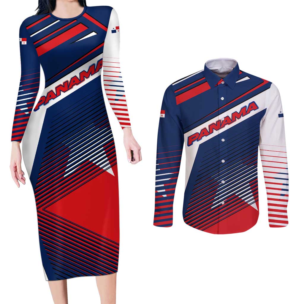 Panama Diagonal Stripe Design Couples Matching Long Sleeve Bodycon Dress and Long Sleeve Button Shirt with Bold Red Blue Star and Flag Accents - Wonder Print Shop