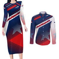Panama Diagonal Stripe Design Couples Matching Long Sleeve Bodycon Dress and Long Sleeve Button Shirt with Bold Red Blue Star and Flag Accents - Wonder Print Shop