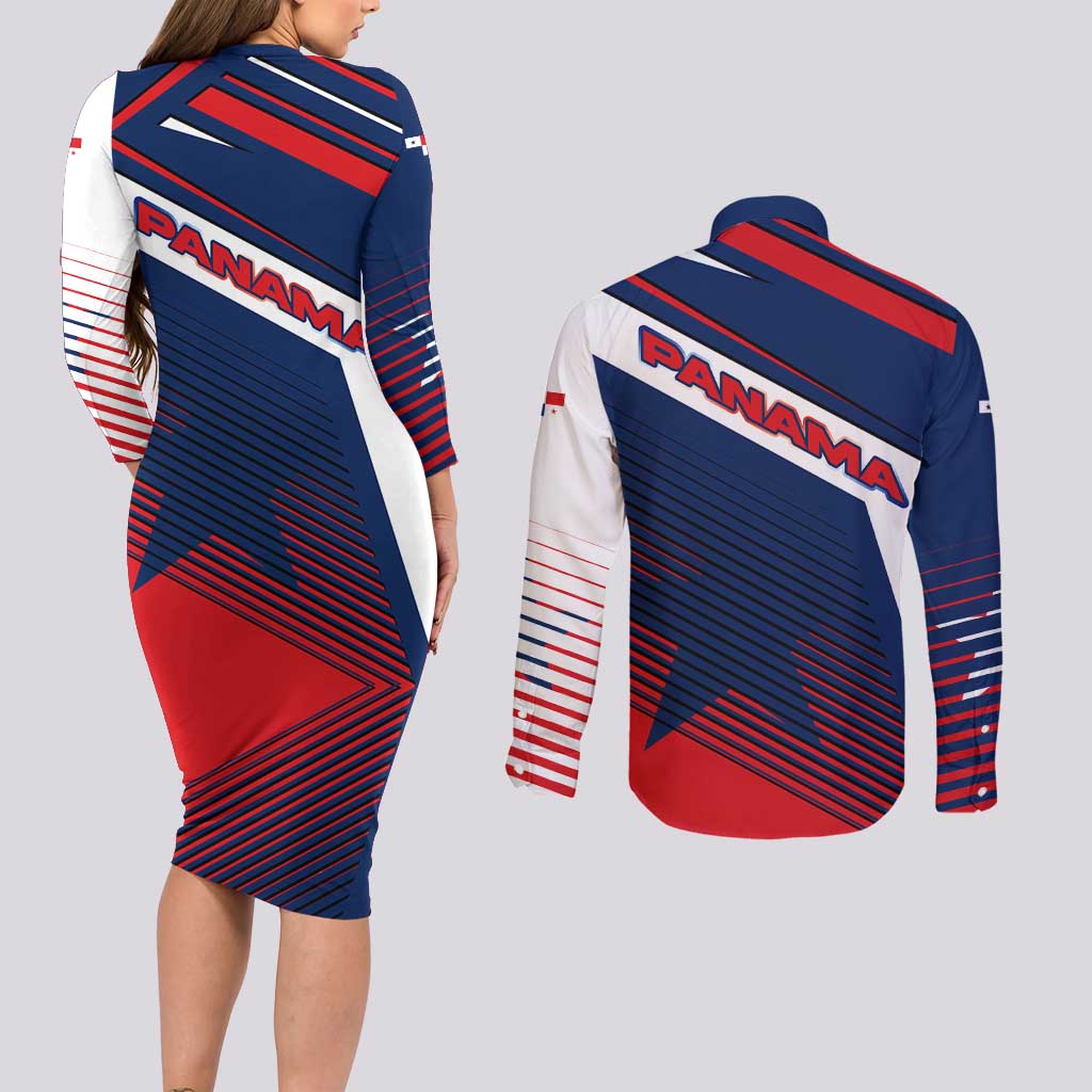 Panama Diagonal Stripe Design Couples Matching Long Sleeve Bodycon Dress and Long Sleeve Button Shirt with Bold Red Blue Star and Flag Accents - Wonder Print Shop