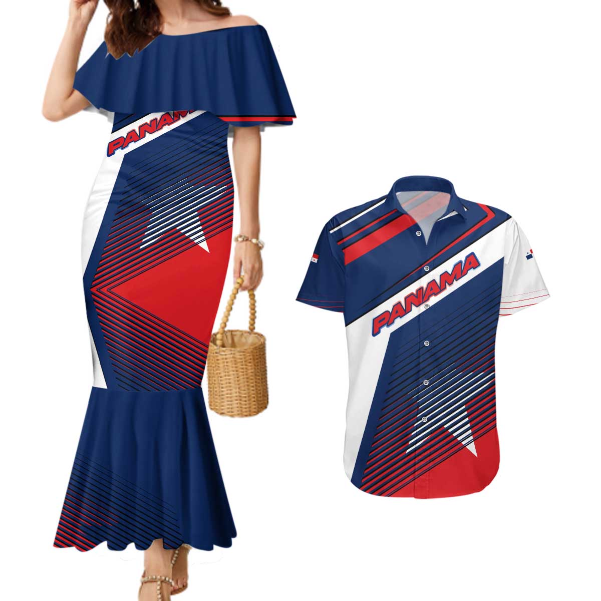 Panama Diagonal Stripe Design Couples Matching Mermaid Dress and Hawaiian Shirt with Bold Red Blue Star and Flag Accents - Wonder Print Shop