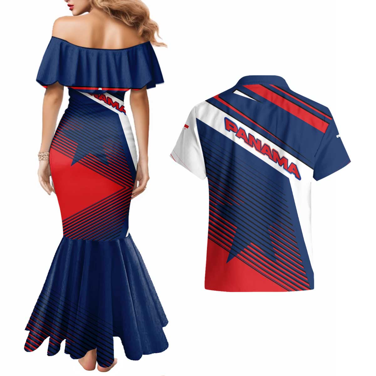 Panama Diagonal Stripe Design Couples Matching Mermaid Dress and Hawaiian Shirt with Bold Red Blue Star and Flag Accents - Wonder Print Shop