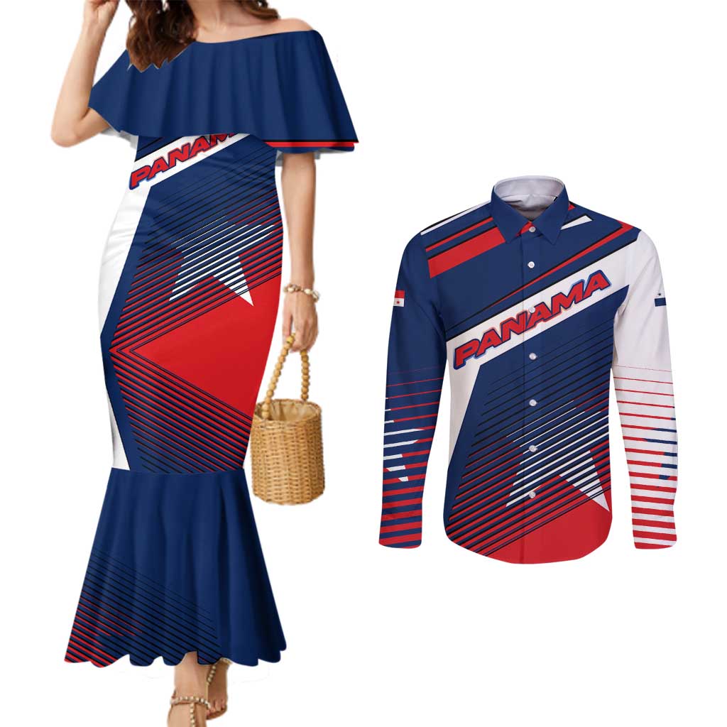 Panama Diagonal Stripe Design Couples Matching Mermaid Dress and Long Sleeve Button Shirt with Bold Red Blue Star and Flag Accents - Wonder Print Shop