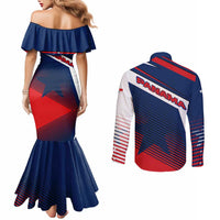 Panama Diagonal Stripe Design Couples Matching Mermaid Dress and Long Sleeve Button Shirt with Bold Red Blue Star and Flag Accents - Wonder Print Shop