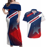 Panama Diagonal Stripe Design Couples Matching Off Shoulder Maxi Dress and Hawaiian Shirt with Bold Red Blue Star and Flag Accents - Wonder Print Shop
