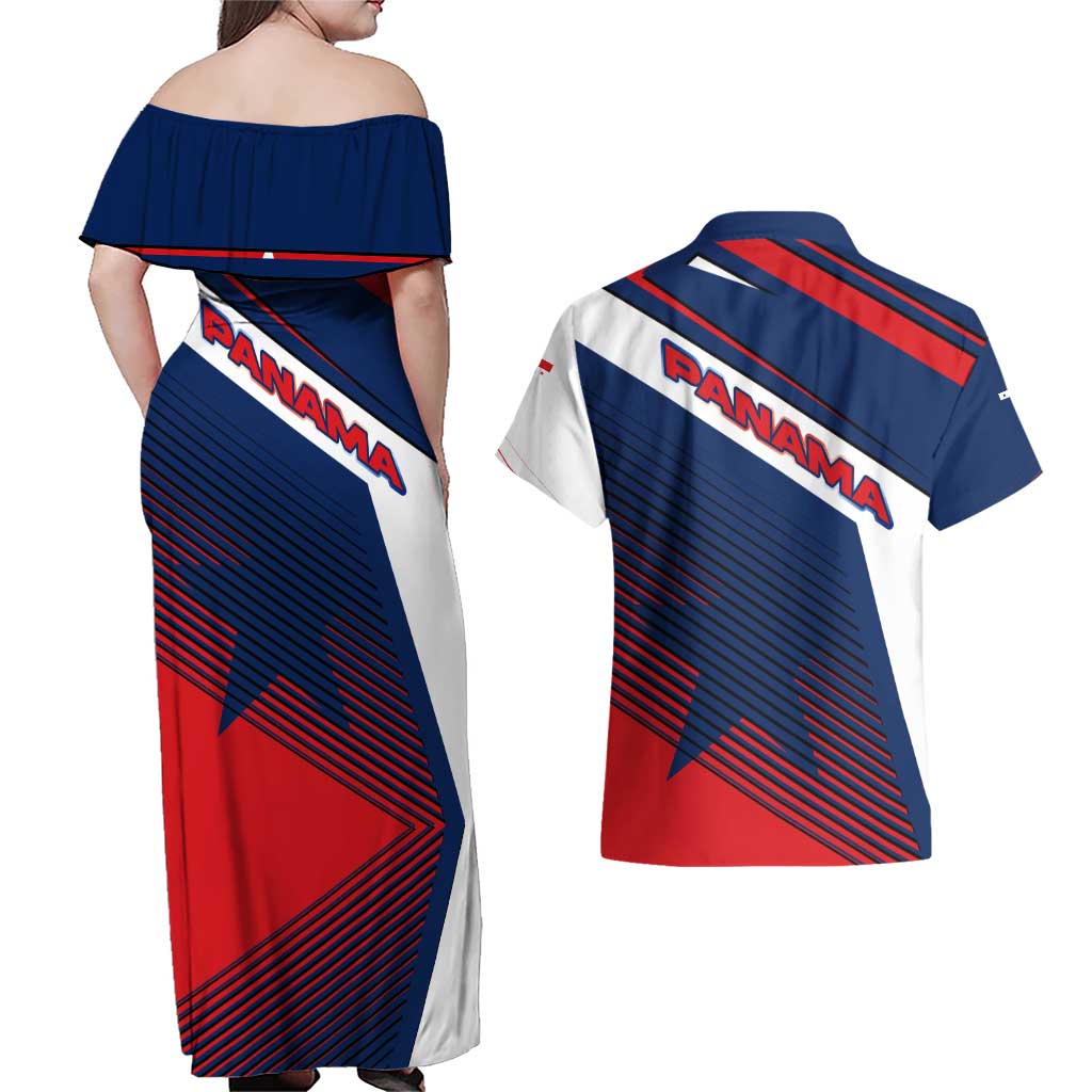 Panama Diagonal Stripe Design Couples Matching Off Shoulder Maxi Dress and Hawaiian Shirt with Bold Red Blue Star and Flag Accents - Wonder Print Shop
