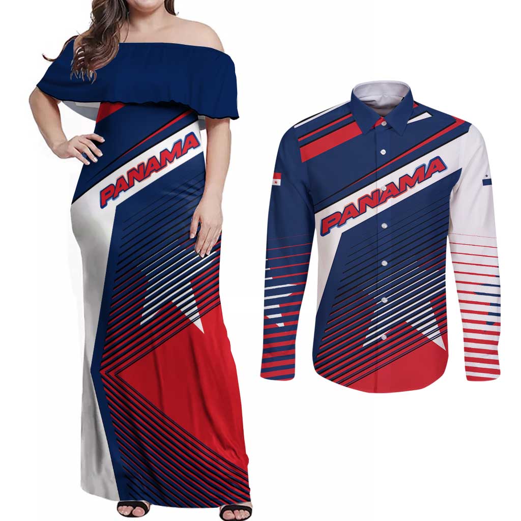Panama Diagonal Stripe Design Couples Matching Off Shoulder Maxi Dress and Long Sleeve Button Shirt with Bold Red Blue Star and Flag Accents - Wonder Print Shop
