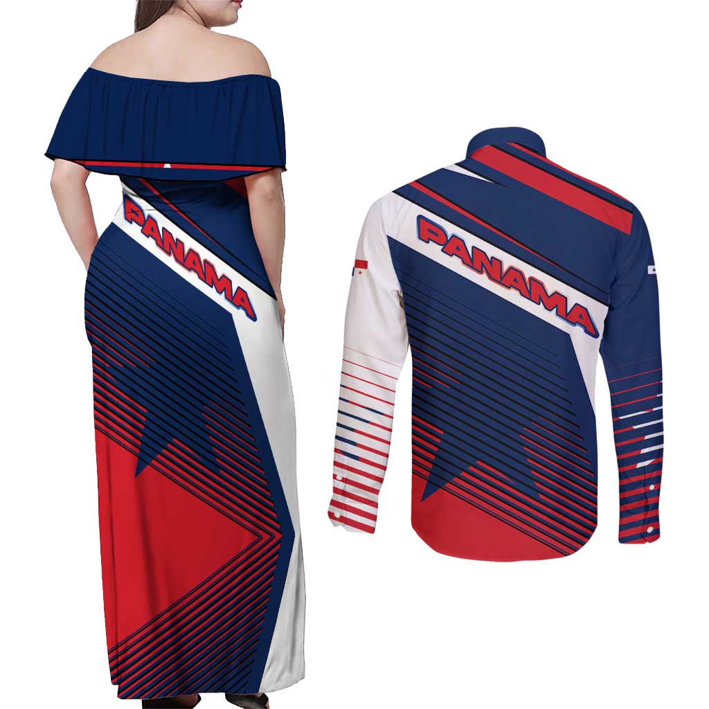 Panama Diagonal Stripe Design Couples Matching Off Shoulder Maxi Dress and Long Sleeve Button Shirt with Bold Red Blue Star and Flag Accents - Wonder Print Shop