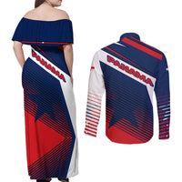 Panama Diagonal Stripe Design Couples Matching Off Shoulder Maxi Dress and Long Sleeve Button Shirt with Bold Red Blue Star and Flag Accents - Wonder Print Shop