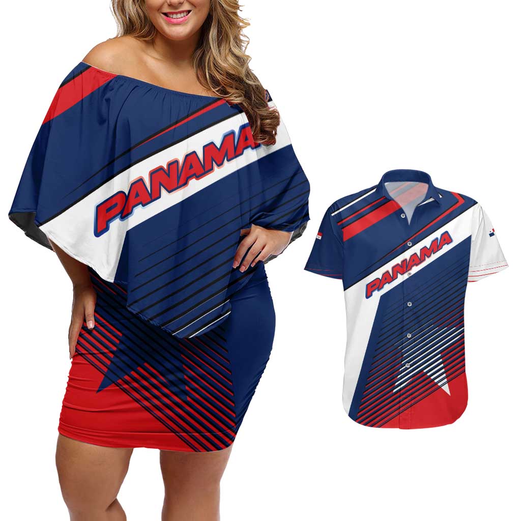 Panama Diagonal Stripe Design Couples Matching Off Shoulder Short Dress and Hawaiian Shirt with Bold Red Blue Star and Flag Accents - Wonder Print Shop