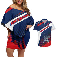 Panama Diagonal Stripe Design Couples Matching Off Shoulder Short Dress and Hawaiian Shirt with Bold Red Blue Star and Flag Accents - Wonder Print Shop