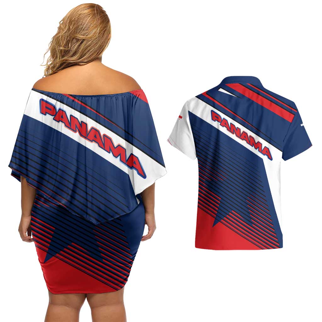 Panama Diagonal Stripe Design Couples Matching Off Shoulder Short Dress and Hawaiian Shirt with Bold Red Blue Star and Flag Accents - Wonder Print Shop