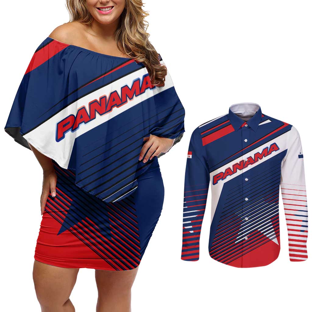 Panama Diagonal Stripe Design Couples Matching Off Shoulder Short Dress and Long Sleeve Button Shirt with Bold Red Blue Star and Flag Accents - Wonder Print Shop