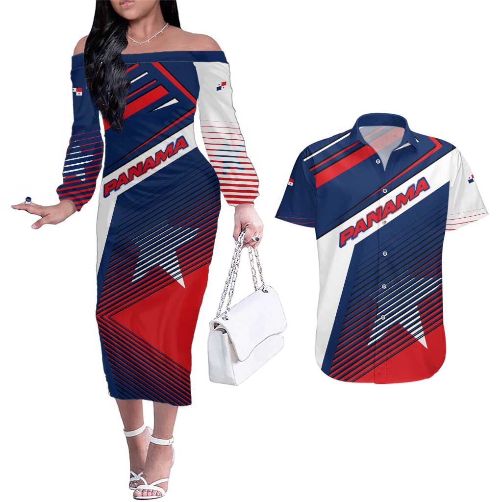 Panama Diagonal Stripe Design Couples Matching Off The Shoulder Long Sleeve Dress and Hawaiian Shirt with Bold Red Blue Star and Flag Accents - Wonder Print Shop