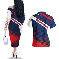 Panama Diagonal Stripe Design Couples Matching Off The Shoulder Long Sleeve Dress and Hawaiian Shirt with Bold Red Blue Star and Flag Accents - Wonder Print Shop