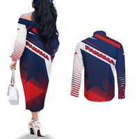 Panama Diagonal Stripe Design Couples Matching Off The Shoulder Long Sleeve Dress and Long Sleeve Button Shirt with Bold Red Blue Star and Flag Accents - Wonder Print Shop