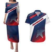 Panama Diagonal Stripe Design Couples Matching Puletasi and Hawaiian Shirt with Bold Red Blue Star and Flag Accents - Wonder Print Shop