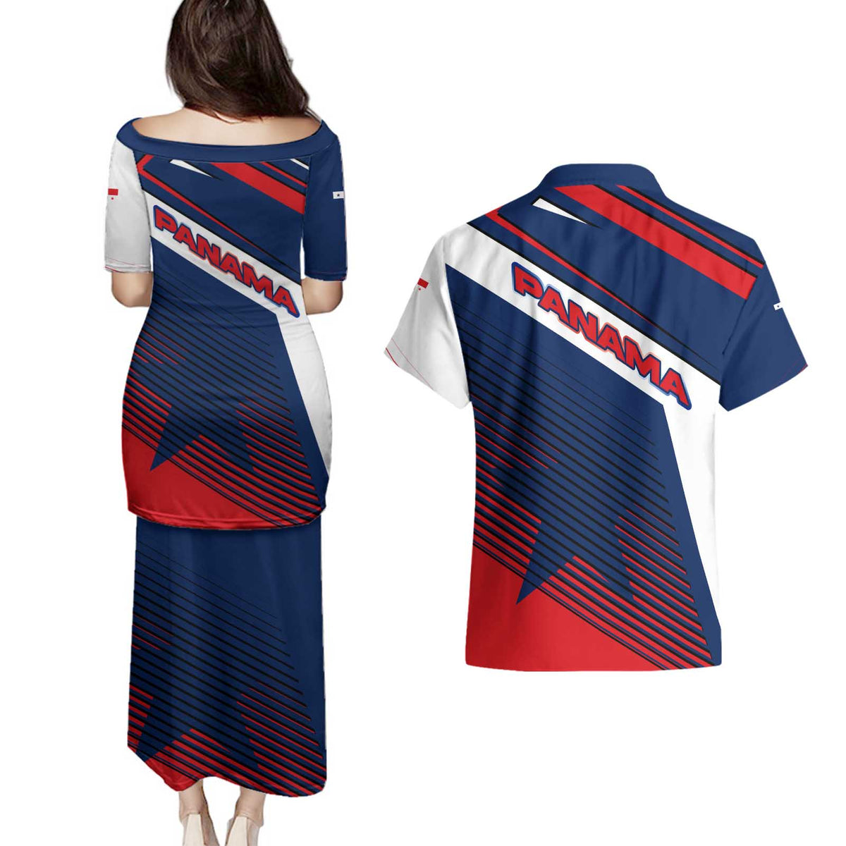 Panama Diagonal Stripe Design Couples Matching Puletasi and Hawaiian Shirt with Bold Red Blue Star and Flag Accents - Wonder Print Shop