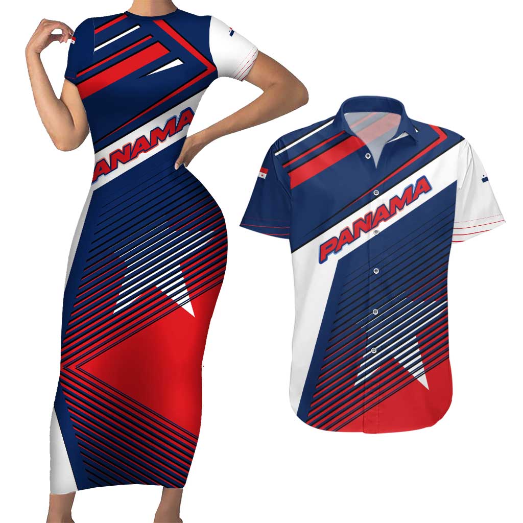 Panama Diagonal Stripe Design Couples Matching Short Sleeve Bodycon Dress and Hawaiian Shirt with Bold Red Blue Star and Flag Accents - Wonder Print Shop
