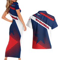 Panama Diagonal Stripe Design Couples Matching Short Sleeve Bodycon Dress and Hawaiian Shirt with Bold Red Blue Star and Flag Accents - Wonder Print Shop