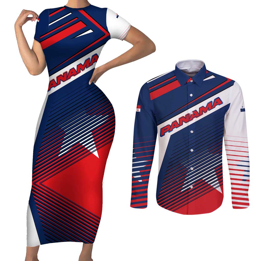 Panama Diagonal Stripe Design Couples Matching Short Sleeve Bodycon Dress and Long Sleeve Button Shirt with Bold Red Blue Star and Flag Accents - Wonder Print Shop