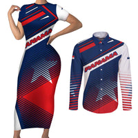 Panama Diagonal Stripe Design Couples Matching Short Sleeve Bodycon Dress and Long Sleeve Button Shirt with Bold Red Blue Star and Flag Accents - Wonder Print Shop