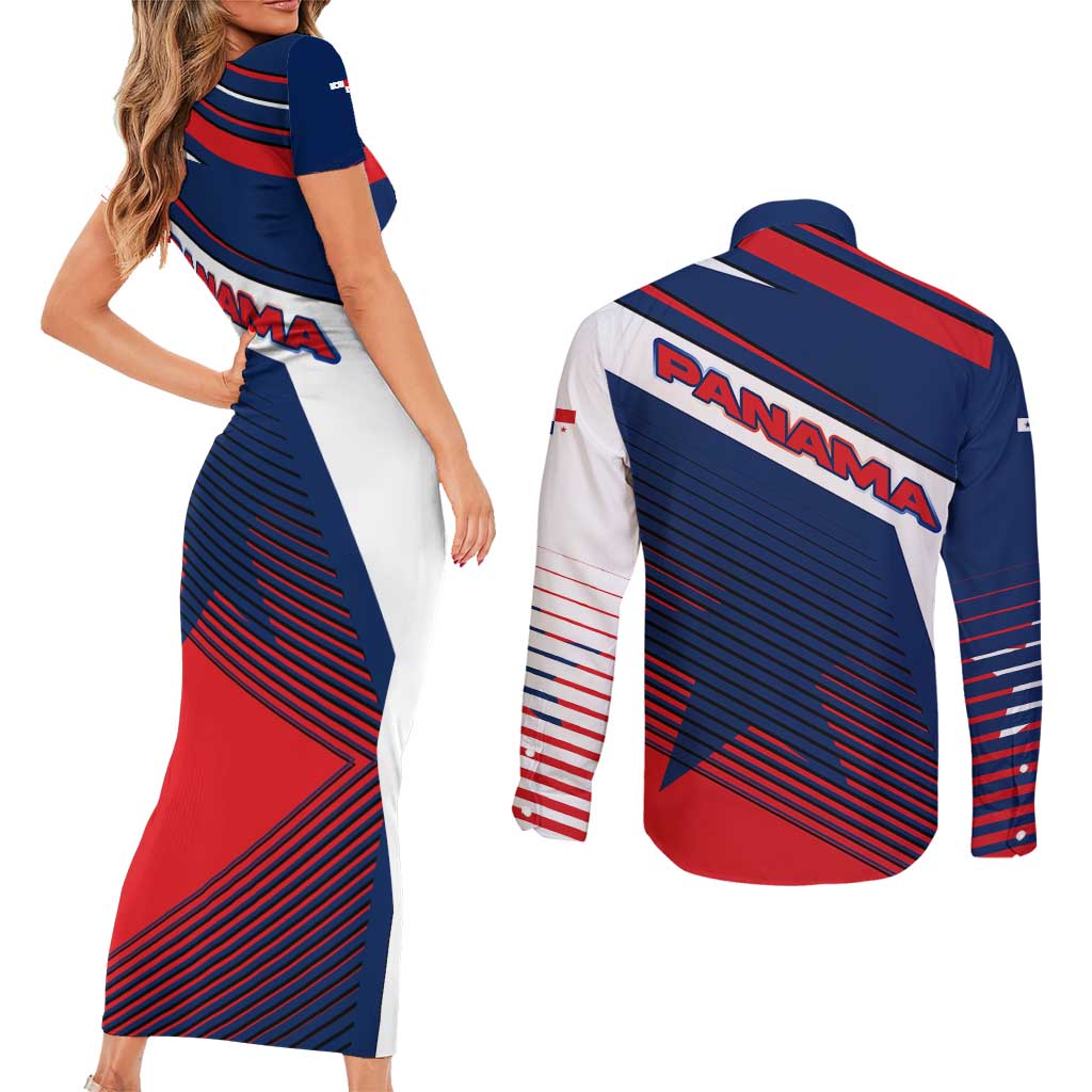 Panama Diagonal Stripe Design Couples Matching Short Sleeve Bodycon Dress and Long Sleeve Button Shirt with Bold Red Blue Star and Flag Accents - Wonder Print Shop