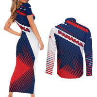 Panama Diagonal Stripe Design Couples Matching Short Sleeve Bodycon Dress and Long Sleeve Button Shirt with Bold Red Blue Star and Flag Accents - Wonder Print Shop