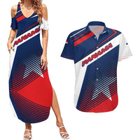 Panama Diagonal Stripe Design Couples Matching Summer Maxi Dress and Hawaiian Shirt with Bold Red Blue Star and Flag Accents - Wonder Print Shop