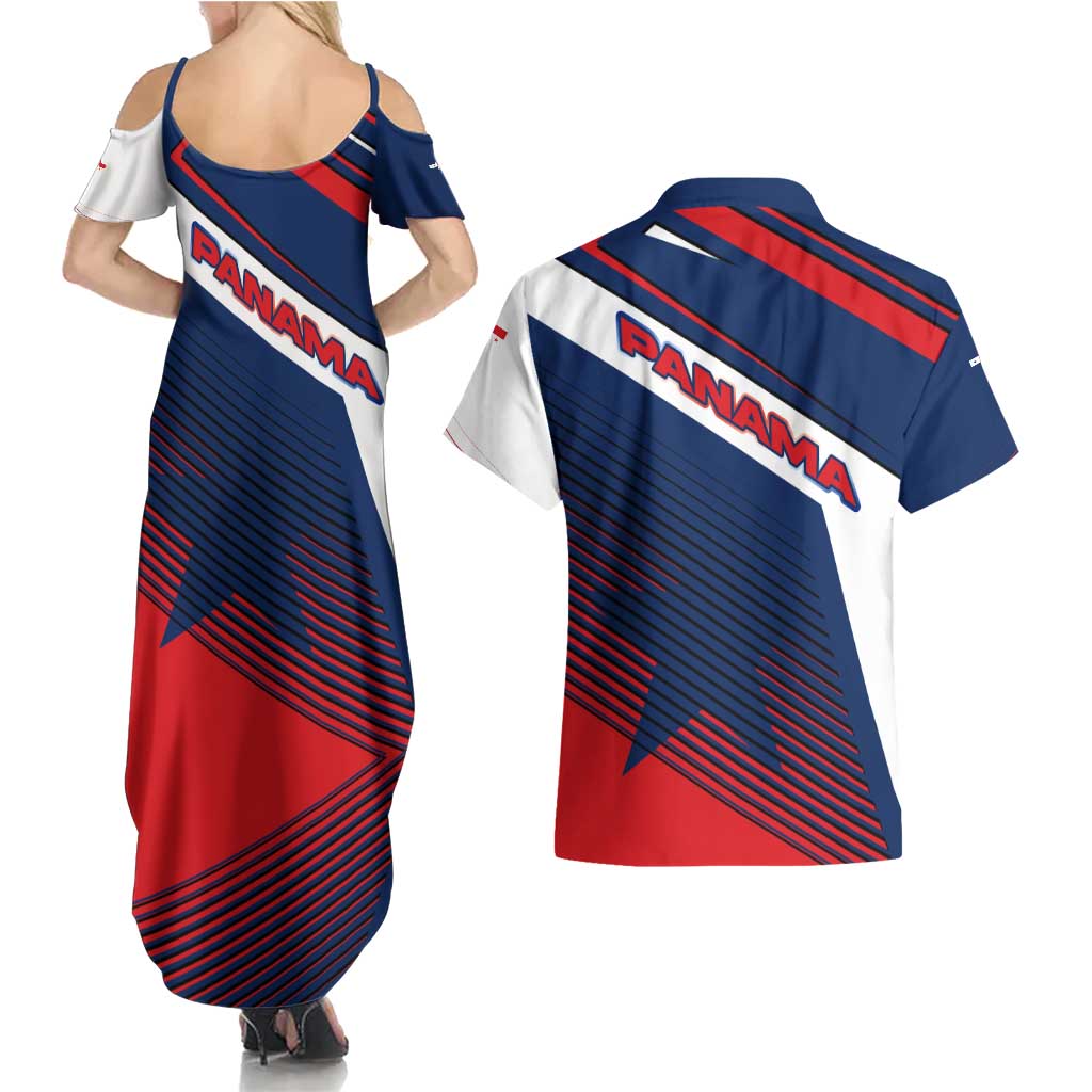 Panama Diagonal Stripe Design Couples Matching Summer Maxi Dress and Hawaiian Shirt with Bold Red Blue Star and Flag Accents - Wonder Print Shop