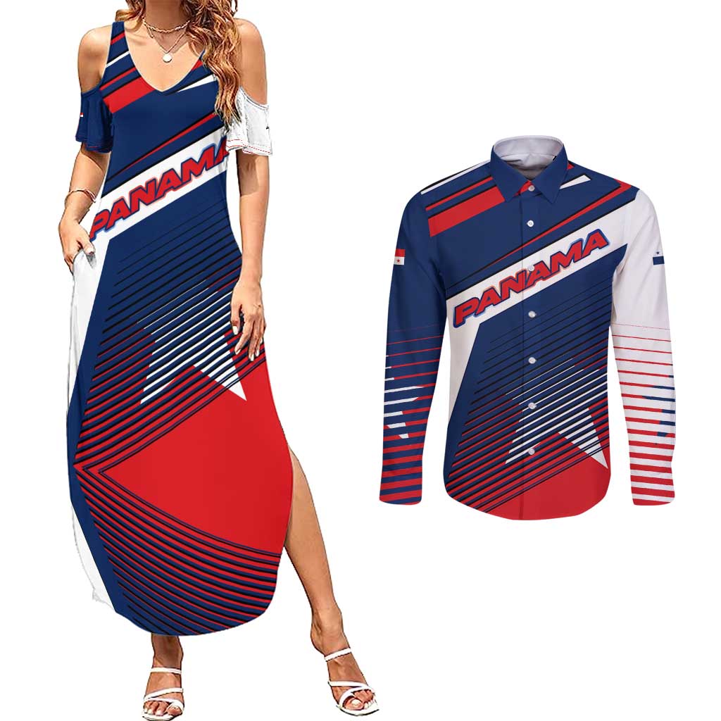 Panama Diagonal Stripe Design Couples Matching Summer Maxi Dress and Long Sleeve Button Shirt with Bold Red Blue Star and Flag Accents - Wonder Print Shop