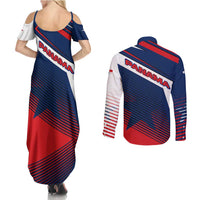 Panama Diagonal Stripe Design Couples Matching Summer Maxi Dress and Long Sleeve Button Shirt with Bold Red Blue Star and Flag Accents - Wonder Print Shop