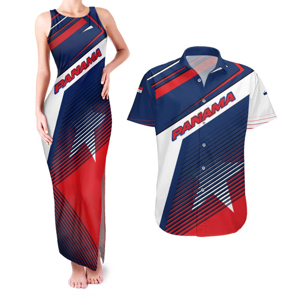 Panama Diagonal Stripe Design Couples Matching Tank Maxi Dress and Hawaiian Shirt with Bold Red Blue Star and Flag Accents - Wonder Print Shop