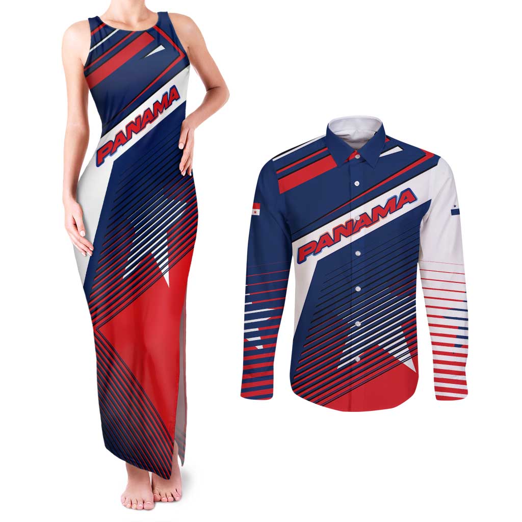Panama Diagonal Stripe Design Couples Matching Tank Maxi Dress and Long Sleeve Button Shirt with Bold Red Blue Star and Flag Accents - Wonder Print Shop