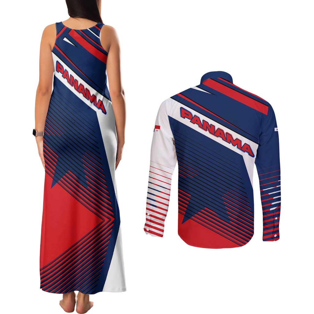 Panama Diagonal Stripe Design Couples Matching Tank Maxi Dress and Long Sleeve Button Shirt with Bold Red Blue Star and Flag Accents - Wonder Print Shop