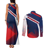 Panama Diagonal Stripe Design Couples Matching Tank Maxi Dress and Long Sleeve Button Shirt with Bold Red Blue Star and Flag Accents - Wonder Print Shop