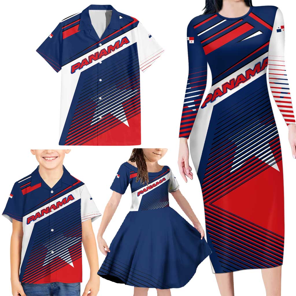 Panama Diagonal Stripe Design Family Matching Long Sleeve Bodycon Dress and Hawaiian Shirt with Bold Red Blue Star and Flag Accents - Wonder Print Shop