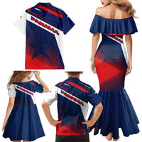 Panama Diagonal Stripe Design Family Matching Mermaid Dress and Hawaiian Shirt with Bold Red Blue Star and Flag Accents - Wonder Print Shop