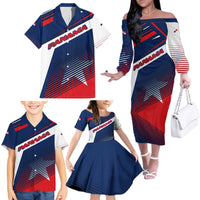 Panama Diagonal Stripe Design Family Matching Off The Shoulder Long Sleeve Dress and Hawaiian Shirt with Bold Red Blue Star and Flag Accents - Wonder Print Shop