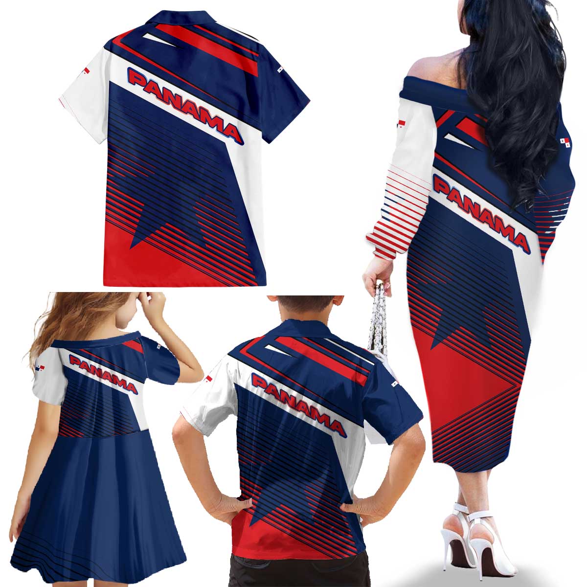 Panama Diagonal Stripe Design Family Matching Off The Shoulder Long Sleeve Dress and Hawaiian Shirt with Bold Red Blue Star and Flag Accents - Wonder Print Shop
